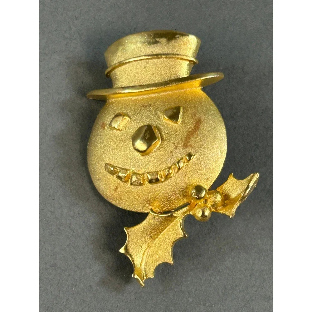 Vintage Christmas Brooch Set Gold Tone Candy Cane Ornament Snowman Enamel Pins
